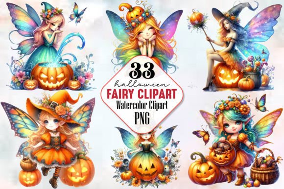 Watercolor Halloween Fairy Clipart Grafika Ilustracje do Druku Przez RobertsArt
