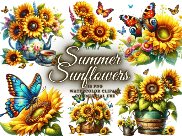 Watercolor Sunflowers and Butterflies Grafik Druckbare Illustrationen Von Artistic Revolution