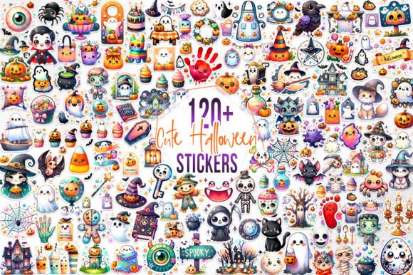 120+ Cute Halloween Stickers Bundle Gráfico Ilustraciones Imprimibles Por Aspect_Studio