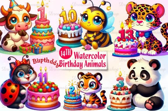 14 Cute Birthday Animals Clipart Bundle Afbeelding Afdrukbare Illustraties Door Dreamshop