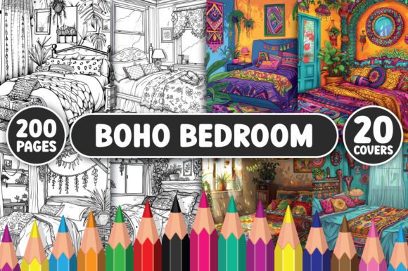 200 Boho Bedroom Coloring Pages Gráfico Páginas y libros de colorear para adultos Por GLASSYMART