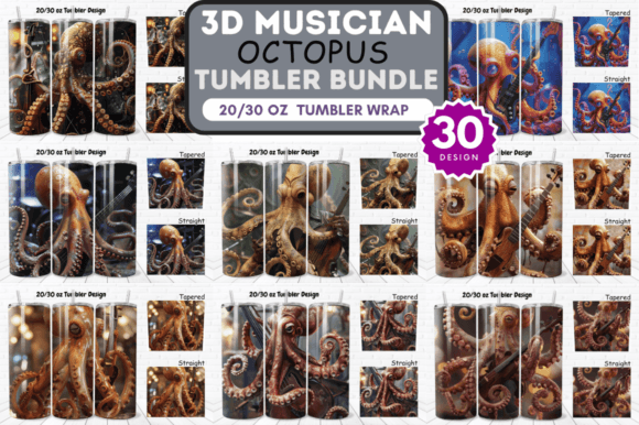3D Musician Octopus Tumbler Wrap Bundle Graphic Tumbler Wraps By Regulrcrative