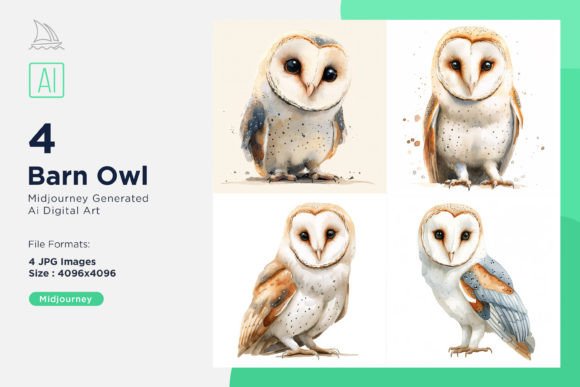 Barn Owl Bird Baby Watercolor Set 4 Graphic AI Illustrations By Microstock