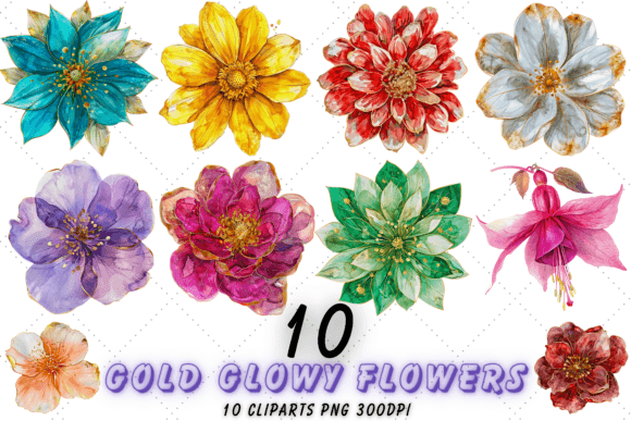 Gold Glowy Flowers Clipart, Flower PNG Graphic Illustrations By Florid Printables