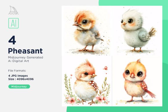 Pheasant Bird Baby Watercolor Set 4 Graphic AI Illustrations By Microstock