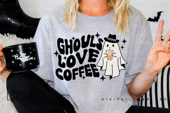Halloween Ghost Drinking Coffee Groovy Gráfico Designs de Camisetas Por DSIGNS