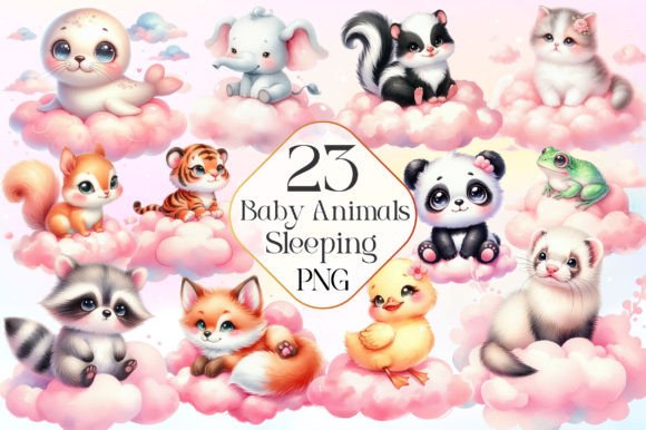 Pink Baby Animals Sleeping Clipart PNG Graphic Illustrations By LiustoreCraft