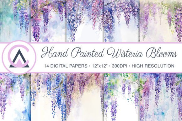 Watercolor Wisteria Flower Digital Paper Graphic Backgrounds By ArtCursor