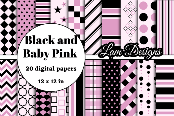 Black and Baby Pink Digital Papers Gráfico Padrões de Papel Por lam designs