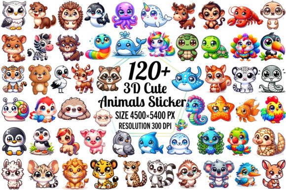 3D Cute Animals Stickers Bundle for Kids Graphic Crafts By PS Digital Art