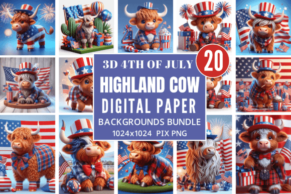 4th of July Highland Cow Digital Paper Graphic Backgrounds By Craft Fair