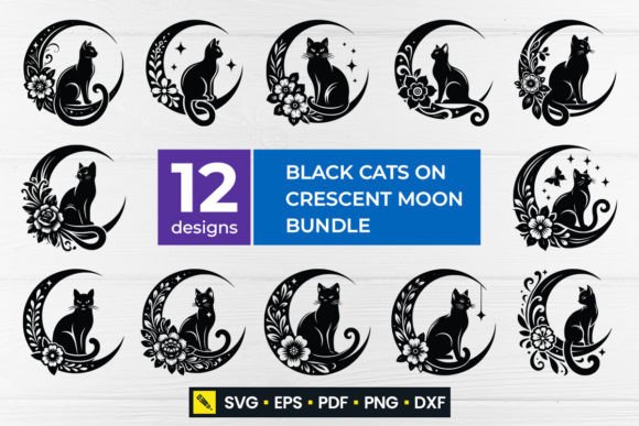 Black Cat on Crescent Moon SVG Bundle Graphic Crafts By designwp