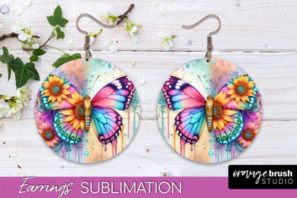 Butterfly Round Earrings Sublimation Graphic Crafts By Orange Brush Studio