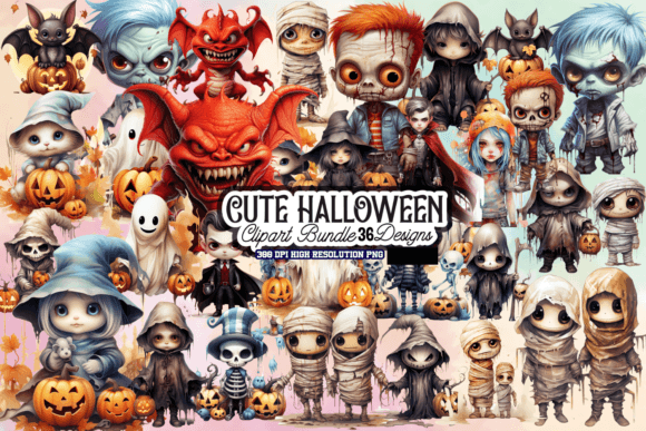 Cute Halloween Clipart Bundle Gráfico Ilustraciones Imprimibles Por CraftArt