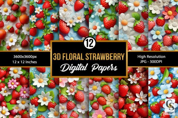 Floral 3D Strawberry Digital Papers Graphic Patterns By Creative Store