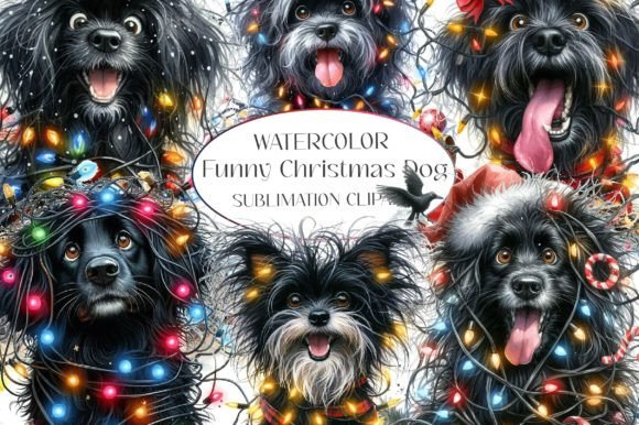 Funny Christmas Black Dog Clipart Gráfico Ilustraciones Imprimibles Por Dreamworld