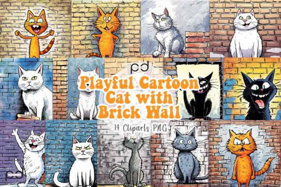 Playful Cartoon Cat with Brick Wall Grafik Druckbare Illustrationen Von Padma.Design