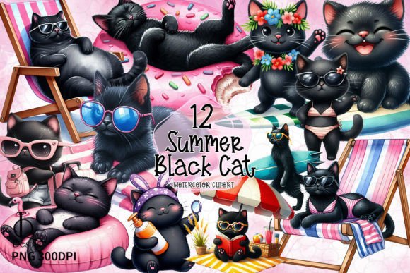 Summer Black Cat Clipart PNG Graphics Grafika Ilustracje do Druku Przez LQ Design