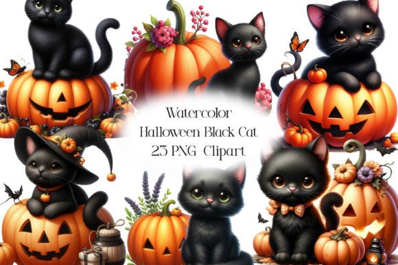 Watercolor Halloween Black Cat Clipart Gráfico Ilustraciones Imprimibles Por CraftArtStudio