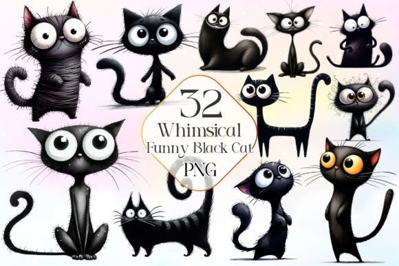 Whimsical Funny Black Cat Clipart Gráfico Ilustrações para Impressão Por LiustoreCraft