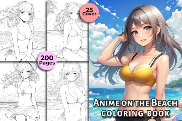 200 Anime on the Beach Coloring Pages Graphic Coloring Pages & Books Adults By Lazy DOG