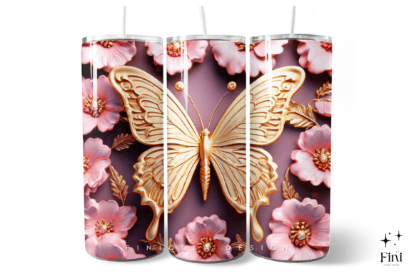 3D Butterfly Tumbler Wrap | Pink 4 Graphic Print Templates By Finiolla Design
