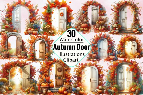 Autumn Door Watercolor Clipart Gráfico Ilustrações para Impressão Por SVGArt