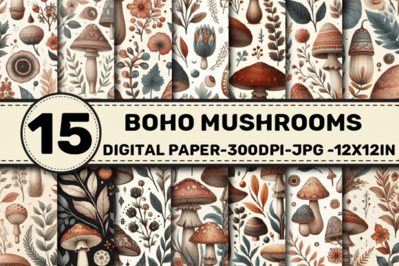 Boho Mushrooms Floral Botanical Pattern Graphic AI Patterns By ElksArtStudio