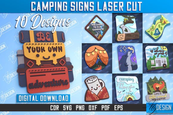 Camping Sign Laser Cut Design Bundle Graphic 3D SVG By flydesignsvg