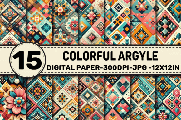 Colorful Argyle Pattern Digital Papers Illustration Motifs AI Par ElksArtStudio