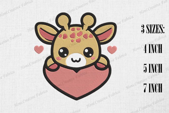 Cute Giraffe Peeking from Heart Wild Animals Embroidery Design By Honi.designs