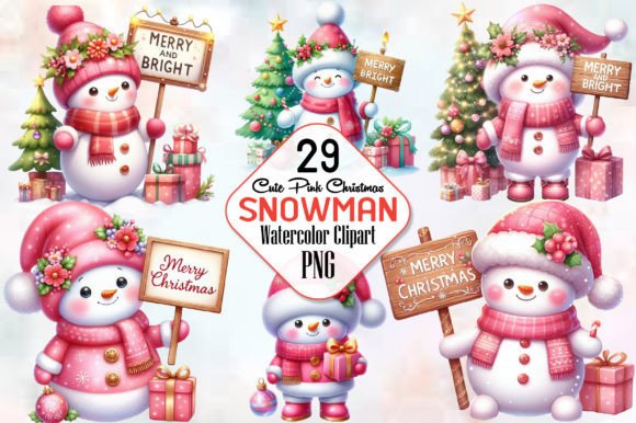 Cute Pink Christmas Snowman Clipart PNG Grafika Ilustracje do Druku Przez RobertsArt