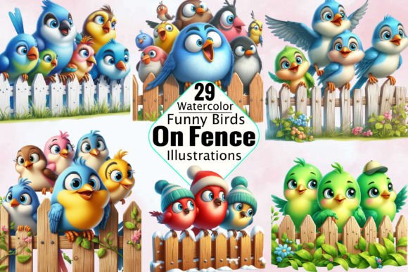 Funny Birds on Fence Clipart Bundle Illustration Illustrations Imprimables Par SVGArt