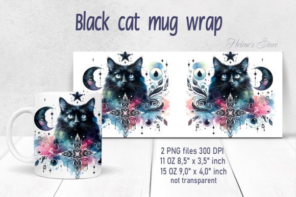 Mystical Black Cat Mug Wrap Sublimation Graphic Crafts By Helene's store