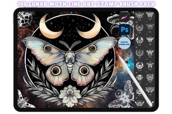 Procreate & Photoshop Lunar Moth Stamp Graphic Brushes By kraftcake
