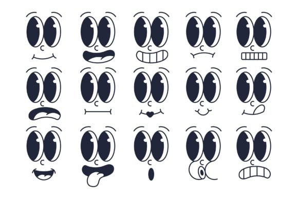 Retro Cartoon Facial Expressions Set Graphic Illustrations By Ozan ID