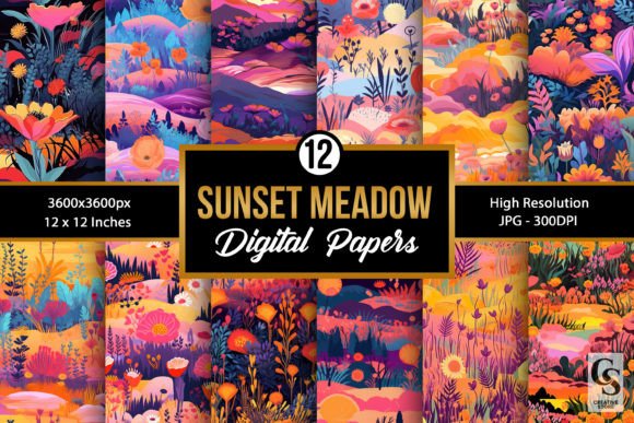 Sunset Floral Meadow Digital Papers Grafik Papier-Muster Von Creative Store