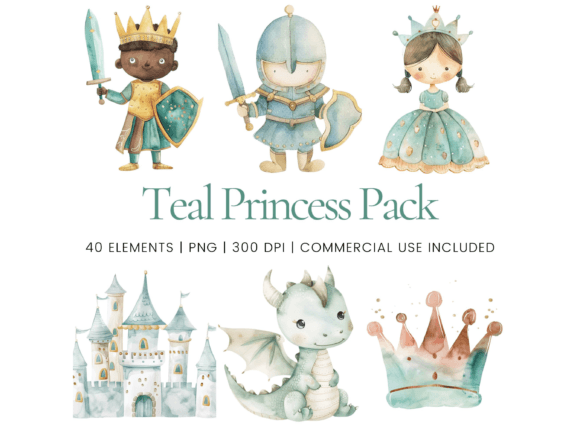 Teal Princess Clipart Pack Afbeelding AI transparante PNG's Door Ikota Design