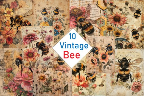 Vintage Bee Collage Digital Papers Illustration Illustrations Imprimables Par Print Market Designs