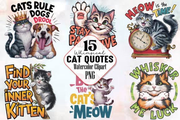 Whimsical Cat Quotes Sublimation Bundle Gráfico Ilustraciones Imprimibles Por RobertsArt