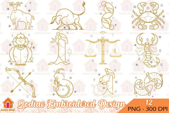Zodiac Embroidered Design Clipart PNG Afbeelding Afdrukbare Illustraties Door Kookie House