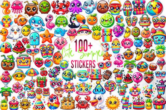 100+ Cute Summer Stickers Collection Grafika Ilustracje do Druku Przez Aspect_Studio
