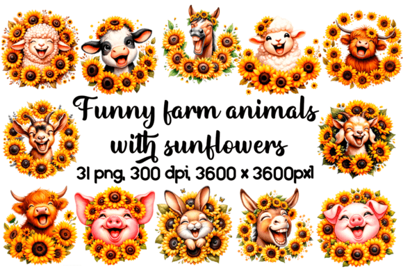 Funny Farm Animals with Sunflowers Png Afbeelding Afdrukbare Illustraties Door sashanikart