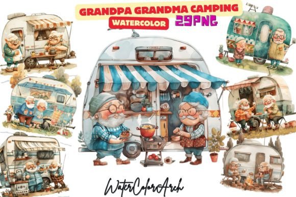 Grandpa Grandma Camping Clipart Graphic AI Generated By WaterColorArch