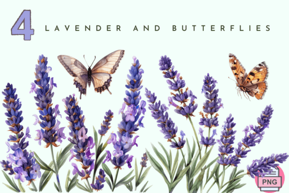 Lavender Flower, Watercolor Butterfly Graphic Illustrations By sasikharn