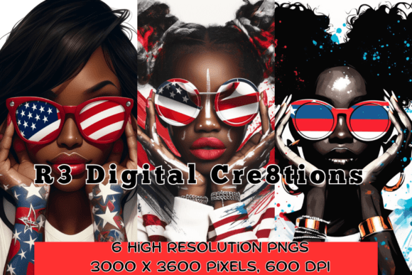 Patriotic Fashion Art Bundle, 6 PNGs Graphic AI Transparent PNGs By R3 Digital Cre8tions