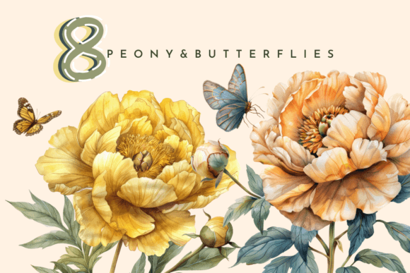 Peony Flower, Watercolor Yellow Floral Grafik Druckbare Illustrationen Von sasikharn