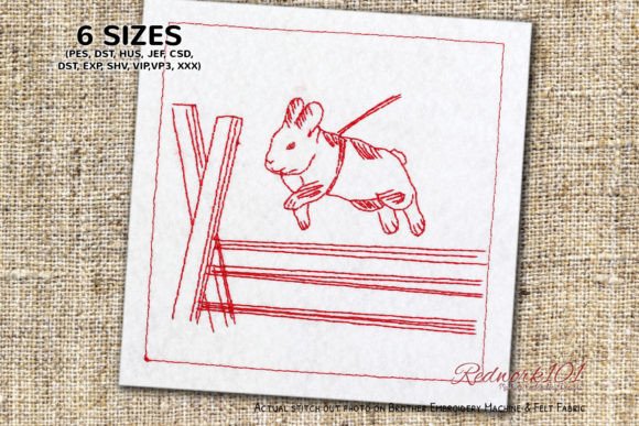 Rabbit Jumping a Fence Farm Animals Embroidery Design By Redwork101
