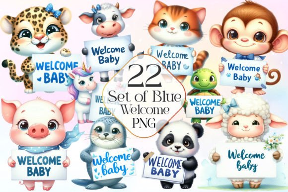 Set of Blue Welcome Baby Clipart PNG Gráfico Ilustraciones Imprimibles Por LiustoreCraft