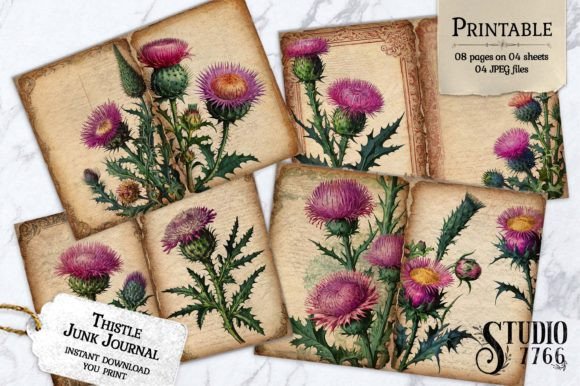 Thistle Flowers Junk Journal Pages Graphic Print Templates By Studio 7766
